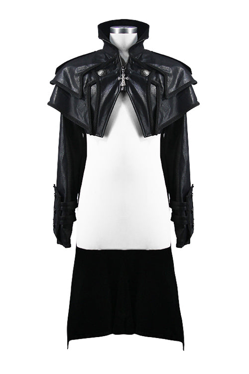 Black Punk Short Front And Long Back Cape Style Long Leather Mens Coat