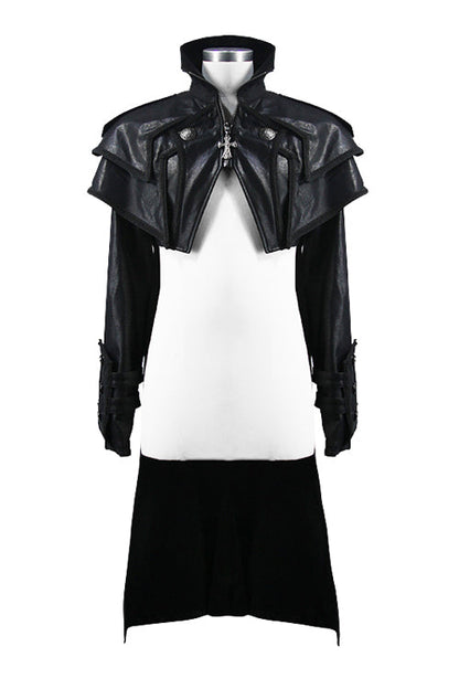 Black Punk Short Front And Long Back Cape Style Long Leather Mens Coat
