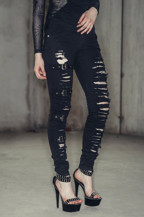 Black Punk Loops Broken Holes Womens Pants