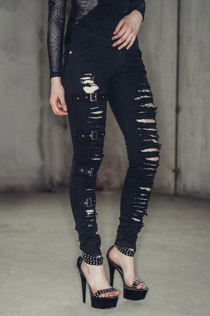 Black Punk Loops Broken Holes Womens Pants
