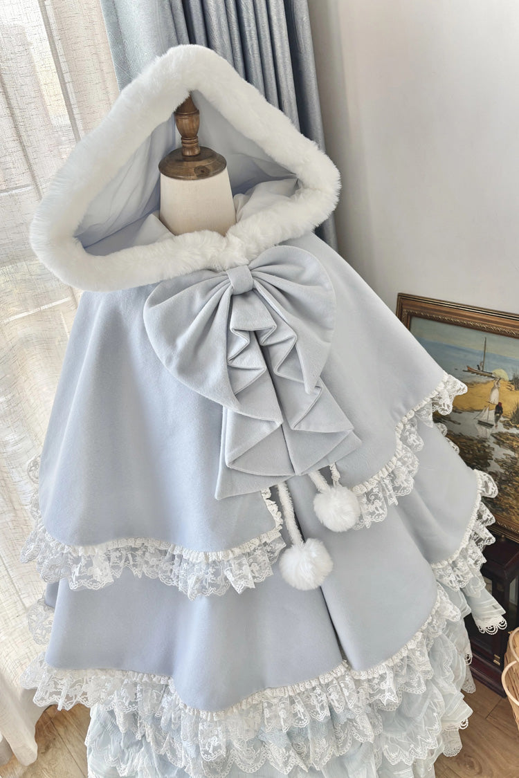 [Velvet Butterfly] Ruffle Bowknot Lace Hooded Sweet Lolita Dress Cloak Coat 4 Colors