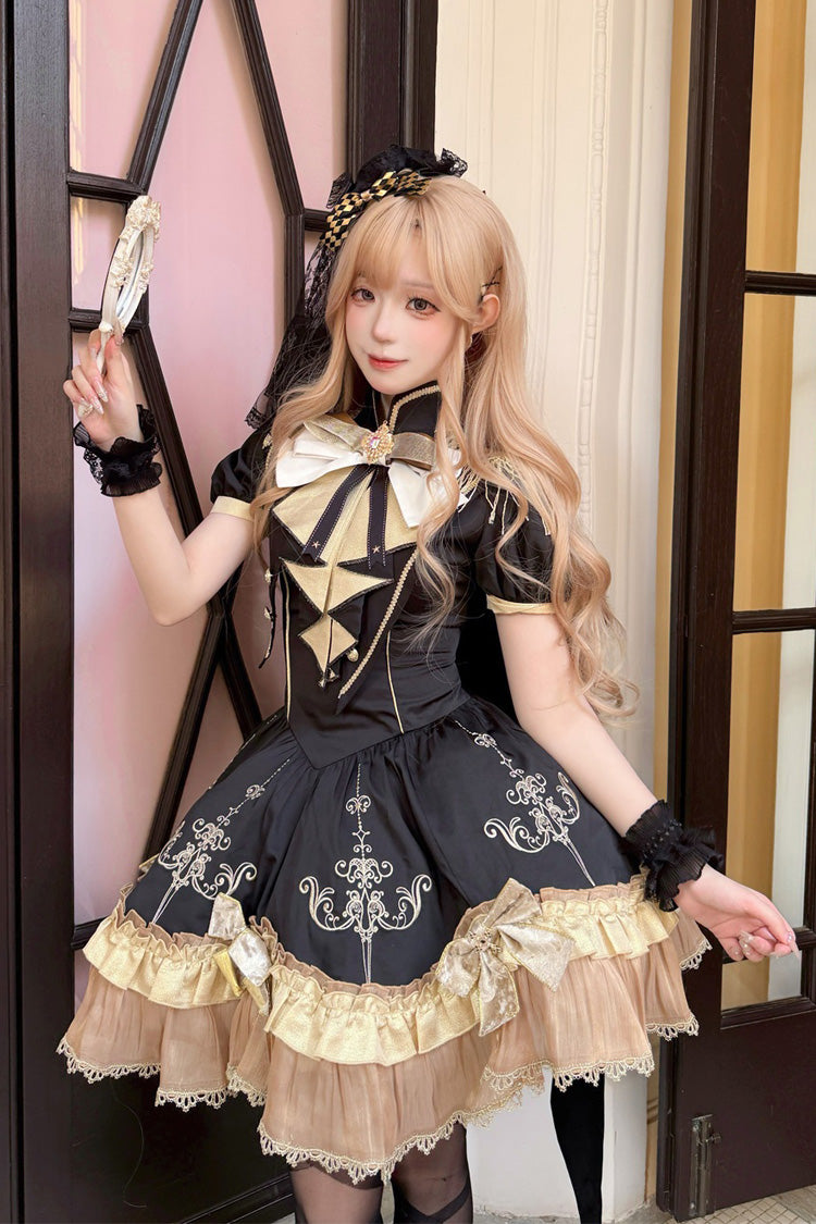 Black [Gilded Oath] Short Sleeves Double-Layered Ruffle Embroidery Bowknot Gothic Lolita Dress