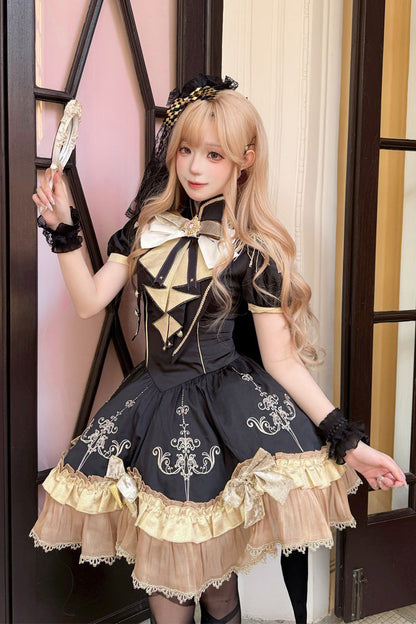 Black [Gilded Oath] Short Sleeves Double-Layered Ruffle Embroidery Bowknot Gothic Lolita Dress