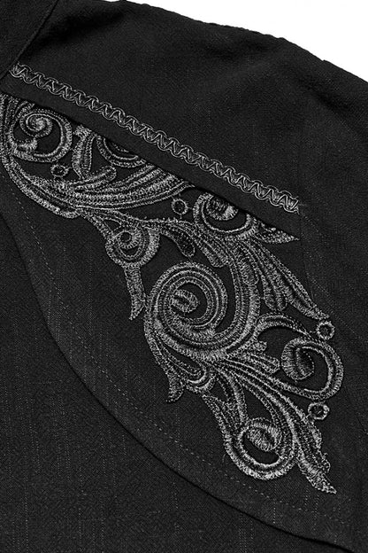 Black Stand Collar Long Lantern Sleeves Floral Jacquard Men's Gothic Blouse