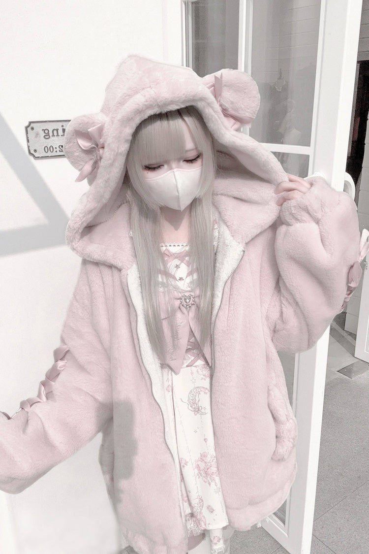 [Sleepy Bear Fluffy] Bear Ears Long Sleeves Bow Lace-Up Hooded Zippered Sweet Jirai Kei Japanese Coat