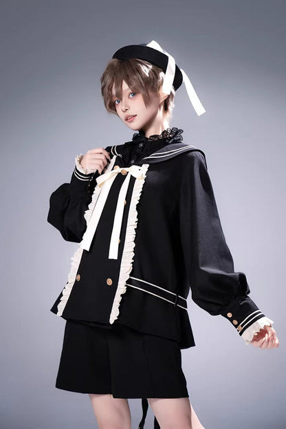 Black [City of Mist] Navy Collar Long Sleeves Gothic College Style Prince Ouji Lolita Shorts Coat Set