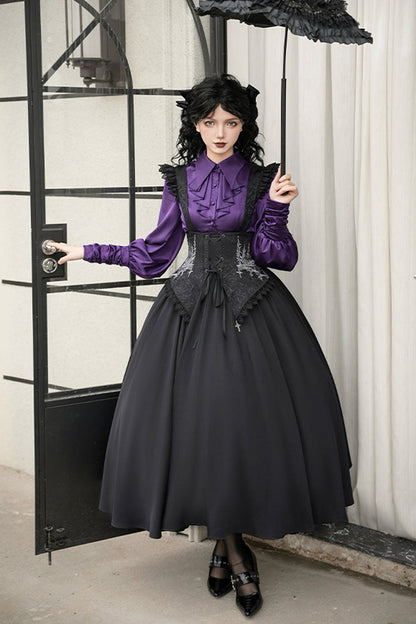 Black [Night of Thorns] Sleeveless Embroidery Lace-Up Gothic Lolita Strap Breast Support Dress 2 Versions