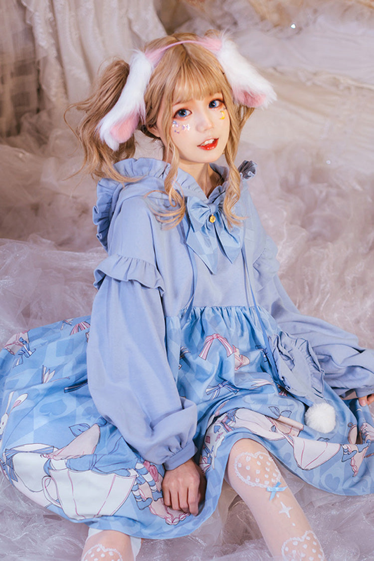 Blue Lantern Long Sleeves Alice Rabbit Print Hooded Cute Sweet Lolita OP Dress