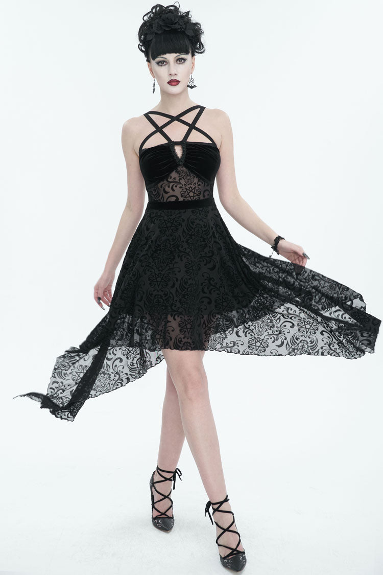 Black Stretch Pentagram Flock Print Sexy Sheer Women's Gothic Dress