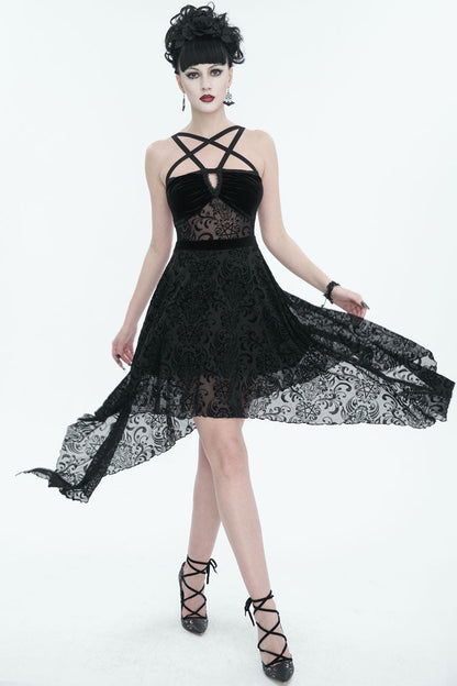 Black Stretch Pentagram Flock Print Sexy Sheer Women's Gothic Dress