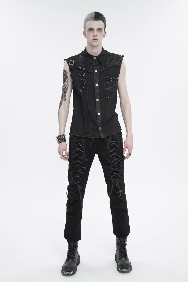 Black Sleeveless Buckle Splice Unedged Men's Punk Vest