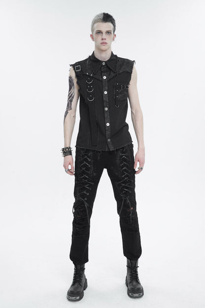 Black Sleeveless Buckle Splice Unedged Men's Punk Vest