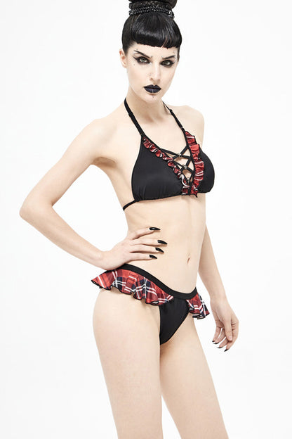 Black/Red Lace-Up Frilly Chest Skull Bell Women's Punk Swimsuit Top