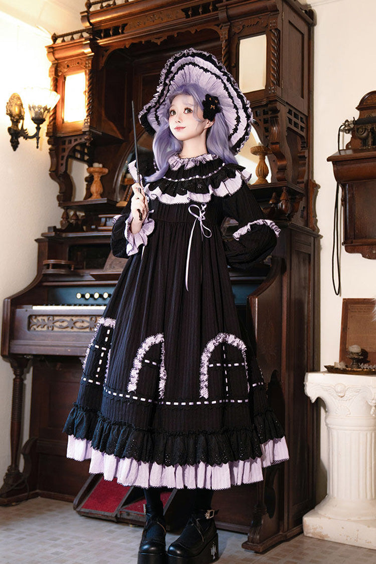 Black [Twin Lilian] Round Collar Long Sleeves Double-Layered Ruffled Bow Lace-Up Gothic Lolita Dress
