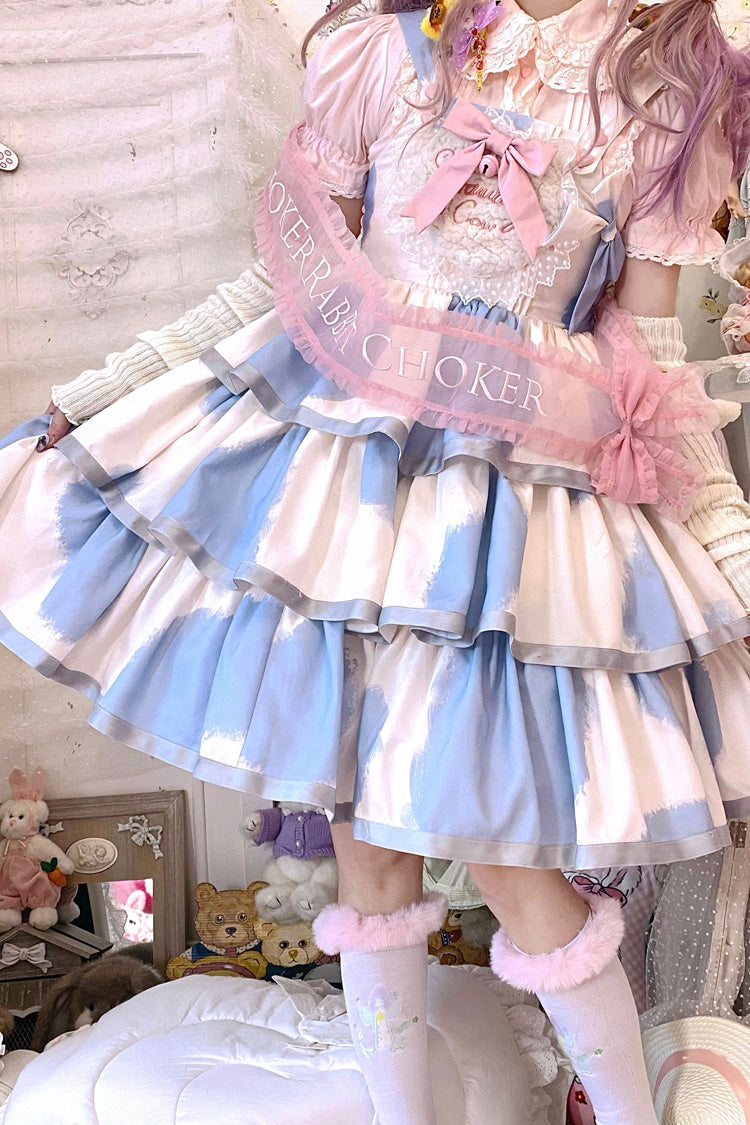 Blue Sleeveless Triple-Layered Cow Print Ruffle Bowknot Sweet Lolita Jsk Dress