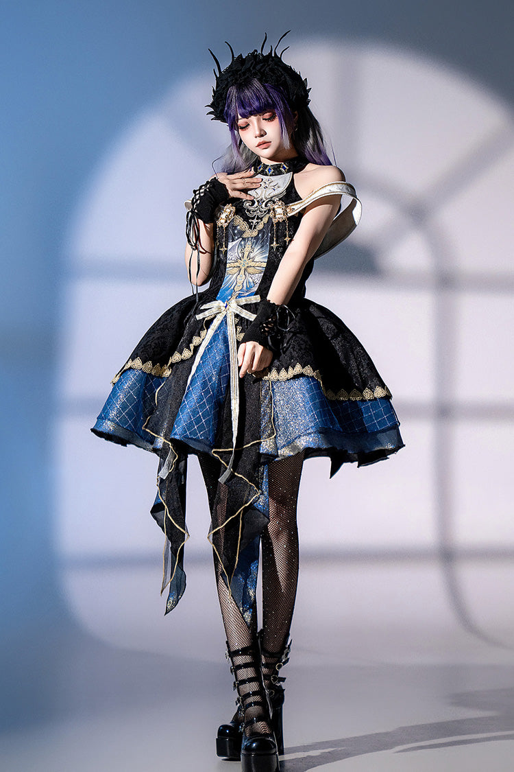 Black/Blue [Universe] Off Shoulder Halterneck Sleeveless Print Embroidery Cardigan Gothic Princess Lolita Dress