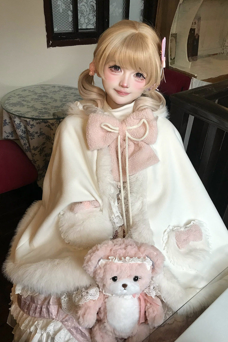 Ivory Cloud-Like Plush Bunny Ear Embroidered Bow Lace Sweet Lolita Cape Coat