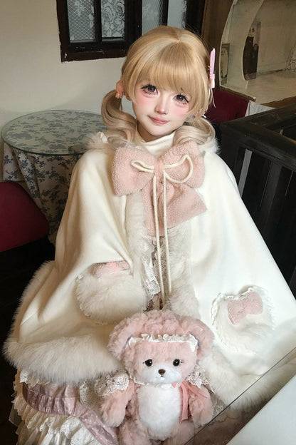 Ivory Cloud-Like Plush Bunny Ear Embroidered Bow Lace Sweet Lolita Cape Coat
