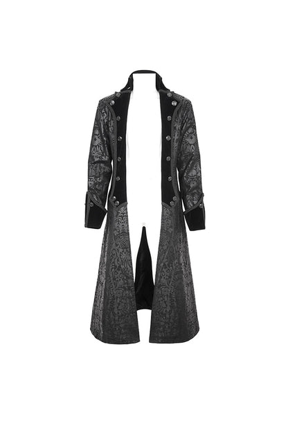 Black Stand Collar Totem Printed Long Men's Gothic Coat