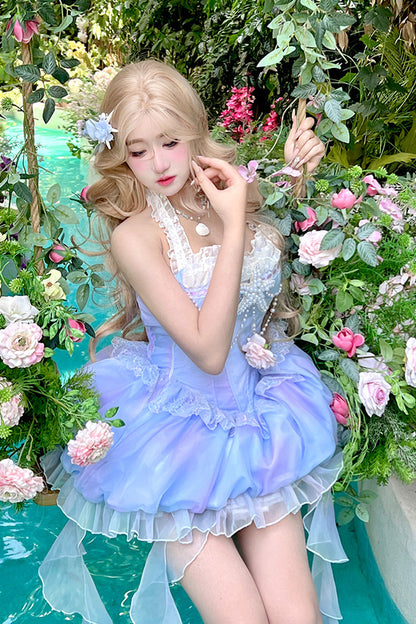 Blue [Starlight Jellyfish Princess] Halterneck Sleeveless Ruffle Lace Sweet Lolita Jsk Dress