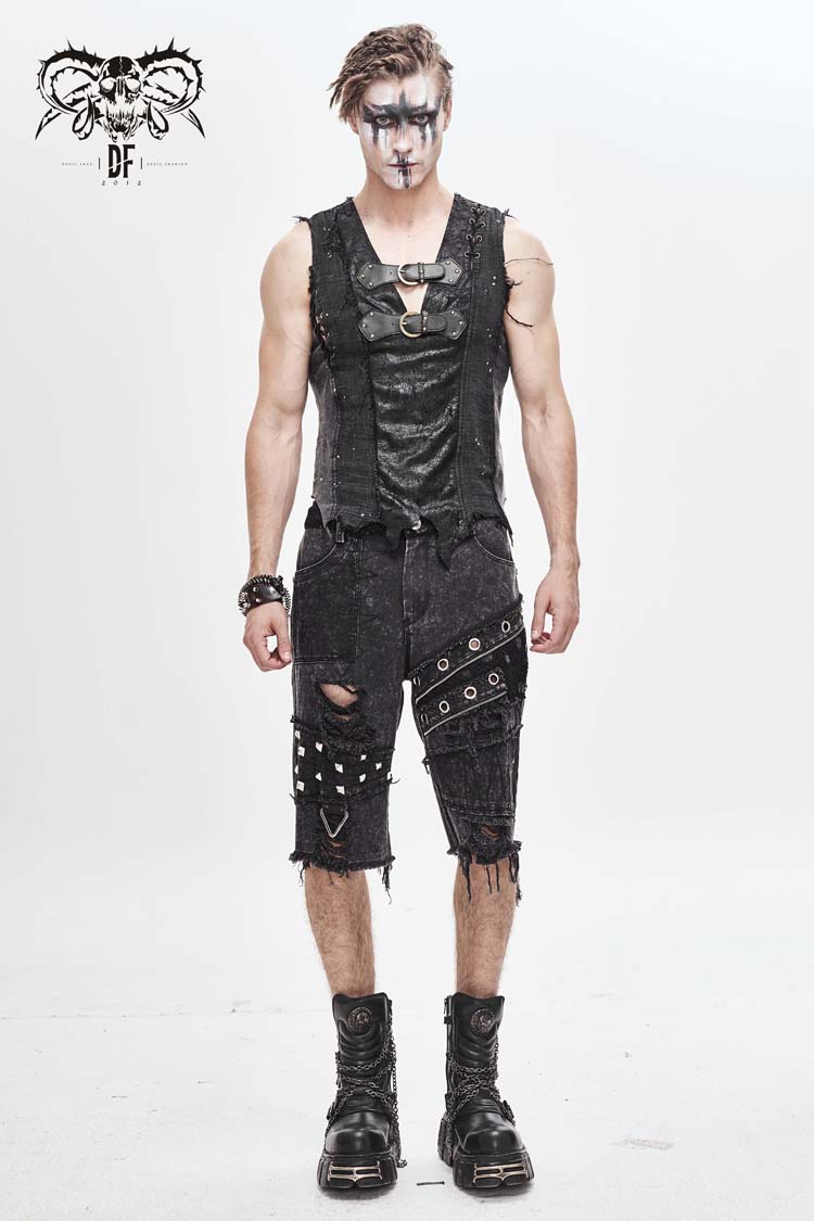 Black V-Neck Sleeveless Ripped Buckle Straps Men's Gothic Vest
