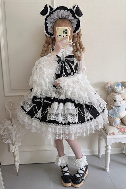 Black [Knot of the Crossed Heart] Sleeveless Multi-Layered Ruffle Hanayome Cardigan Bowknot Lace Lace-Up Sweet Lolita Jsk Dress
