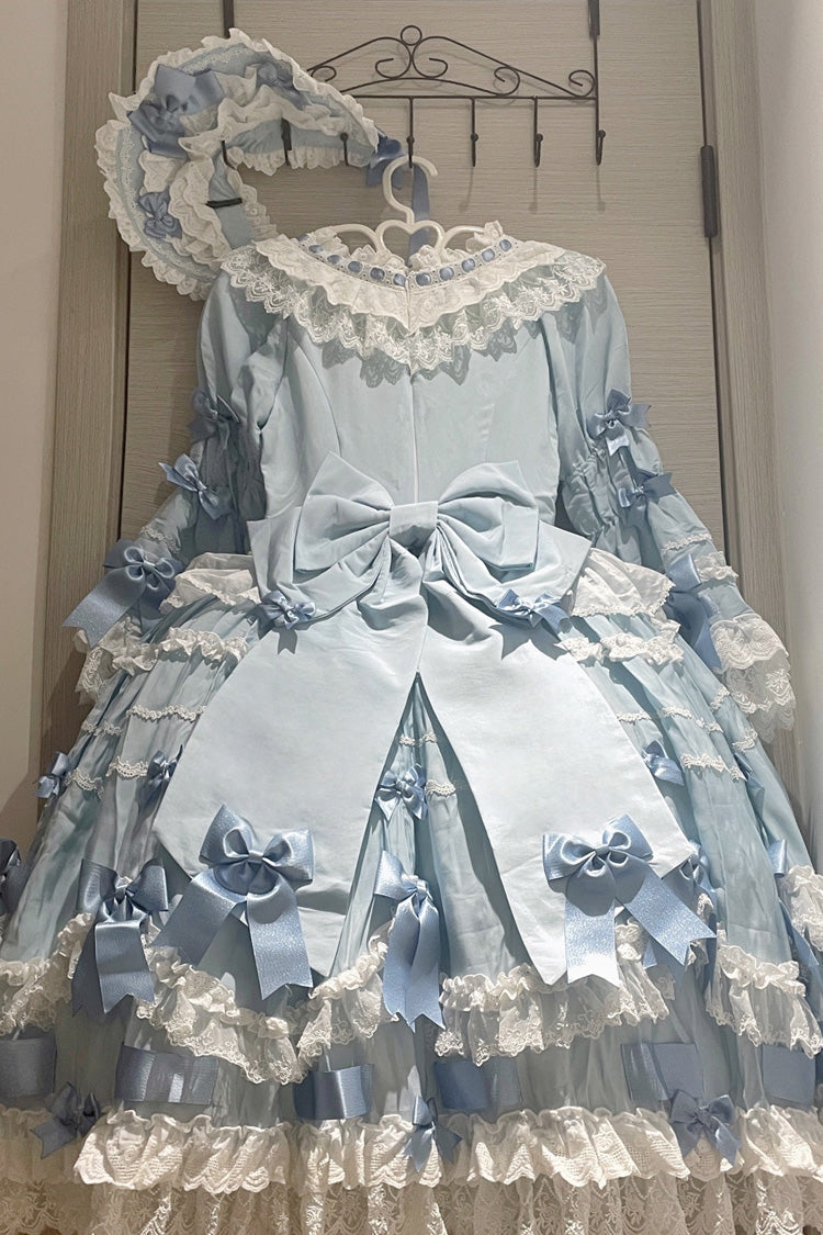 Blue Round Collar Long Trumpet Sleeves Hanayome Bowknot Lace Daily Sweet Elegant Princess Lolita Dress