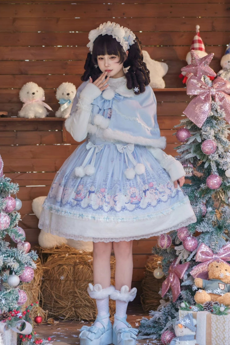 Blue [Snowball Wonderland] Print Merry Christmas Ruffle Bowknot Lace Sweet Lolita Jsk Dress