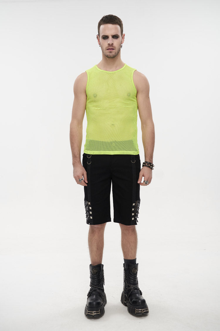 Yellow Elasticity Perspective Rhombus Net Yarn Sleeveless Men's Gothic T-Shirt