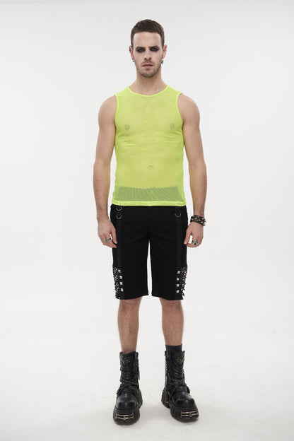 Yellow Elasticity Perspective Rhombus Net Yarn Sleeveless Men's Gothic T-Shirt