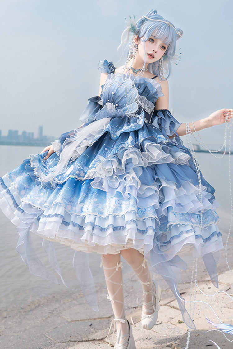 Blue [Jellyfish] Gradient Print Ruffle Embroidery Bowknot Lace Asymmetric Sweet Elegant Lolita Jsk Dress