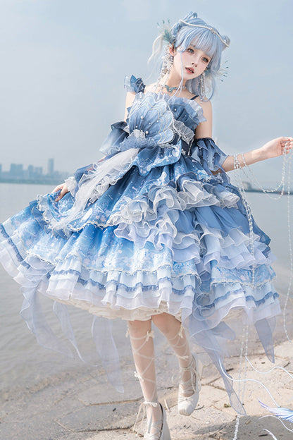 Blue [Jellyfish] Gradient Print Ruffle Embroidery Bowknot Lace Asymmetric Sweet Elegant Lolita Jsk Dress