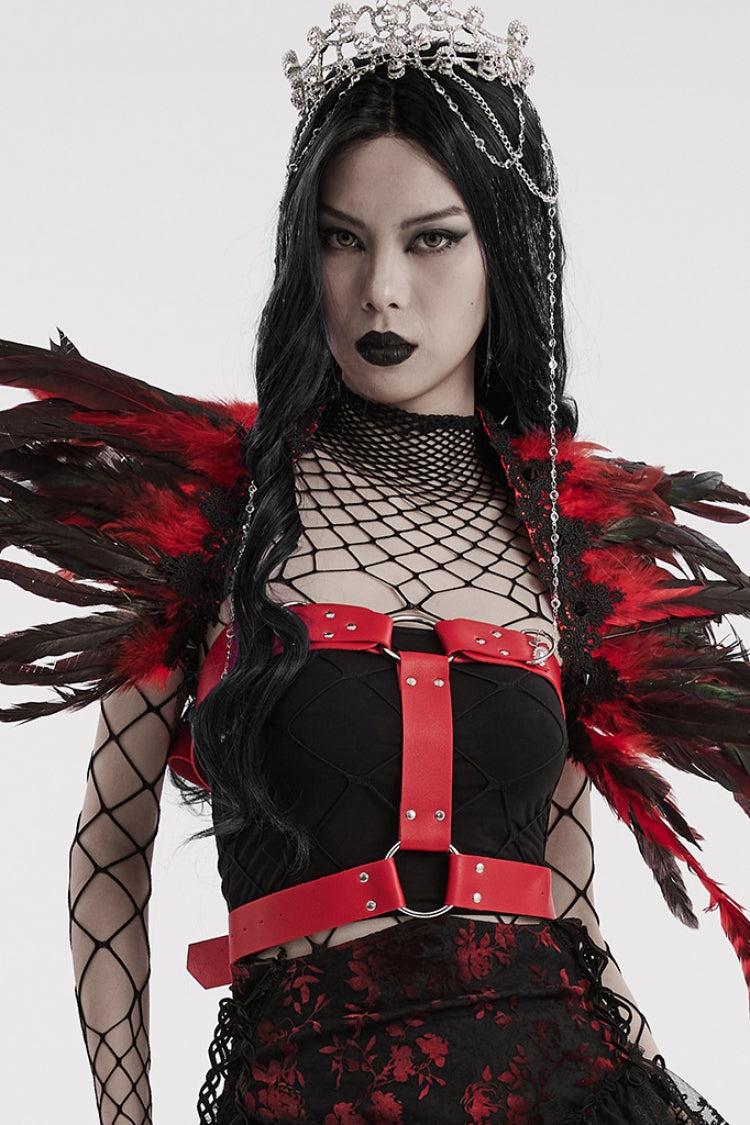 Black/Red Faux Feather Women's Gothic Shoulder Harness
