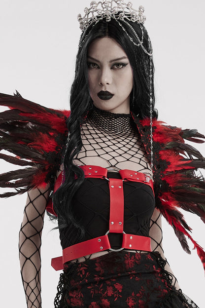 Black/Red Faux Feather Women's Gothic Shoulder Harness