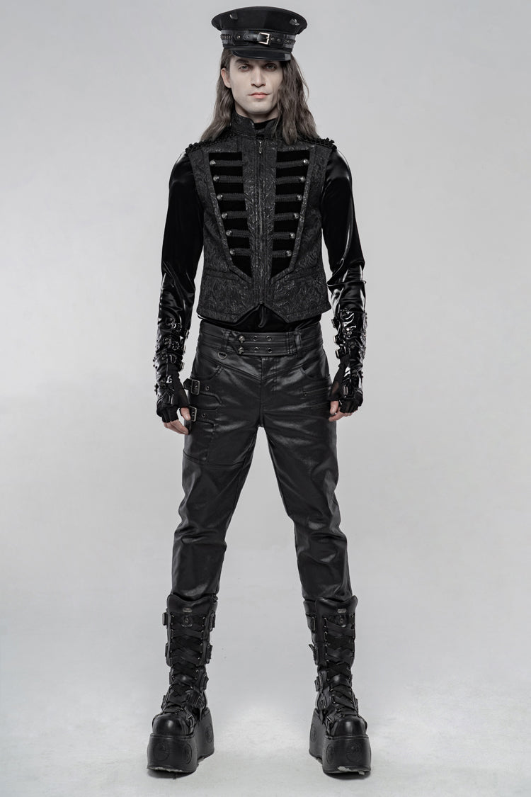 Black Stand Collar Jacquard Front Breasted Men's Gothic Vest