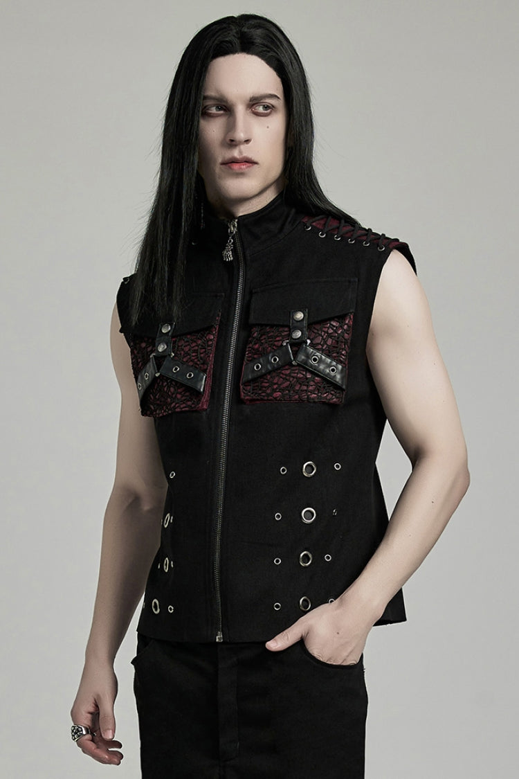 Black/Red Stand Collar Stitching Slim Men's Punk Vest