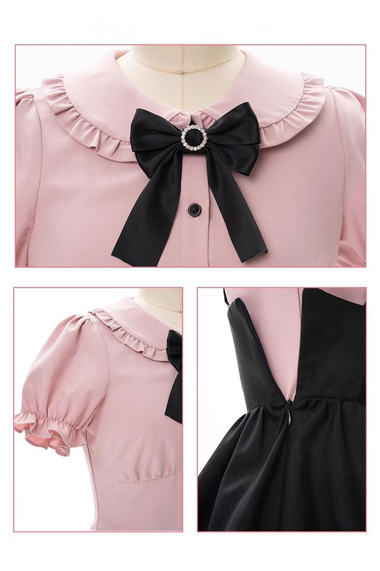 Black/Pink First Sakura Short Sleeves Multi-layer Lace-Up Sweet Jirai Kei Japanese Set