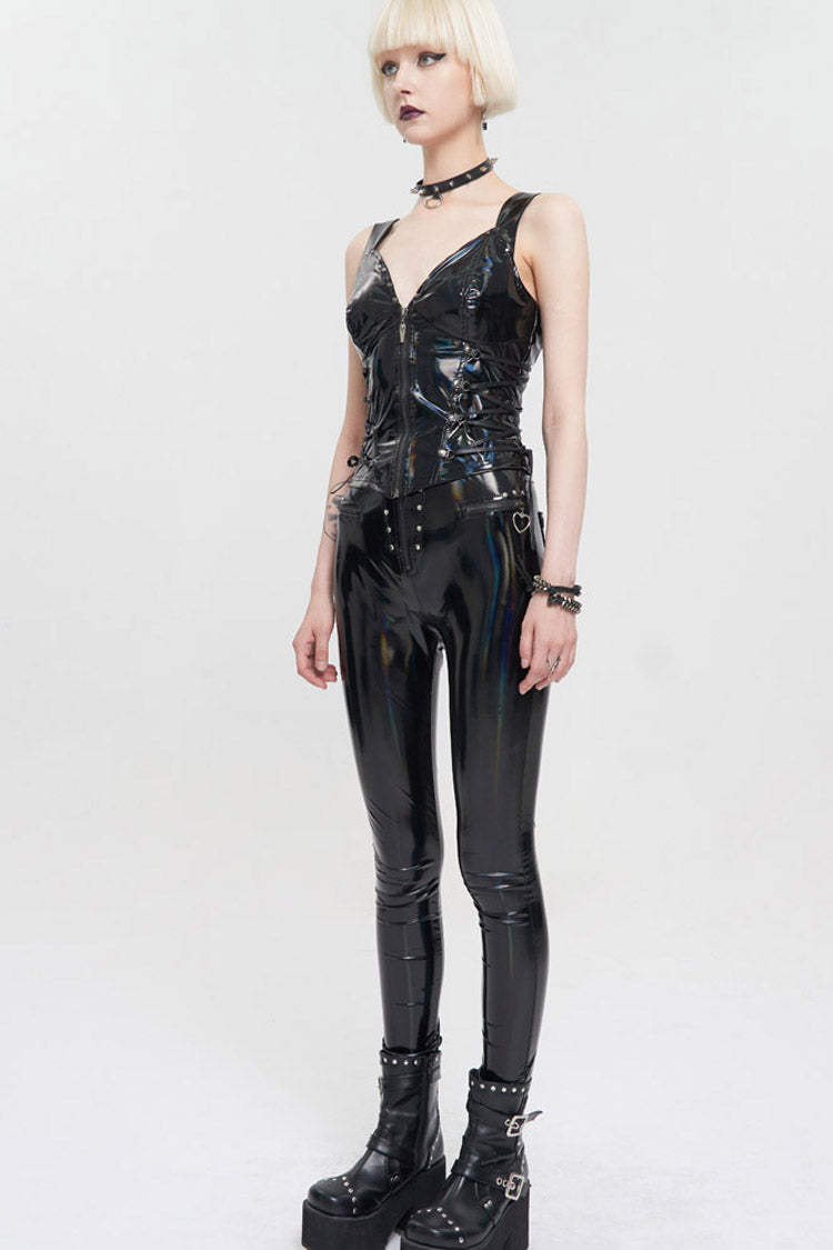 Black Punk Elasticity Color Changing Bright Leather Front Middle Zipper Drawstring On Both Sides Women's Waistcoat