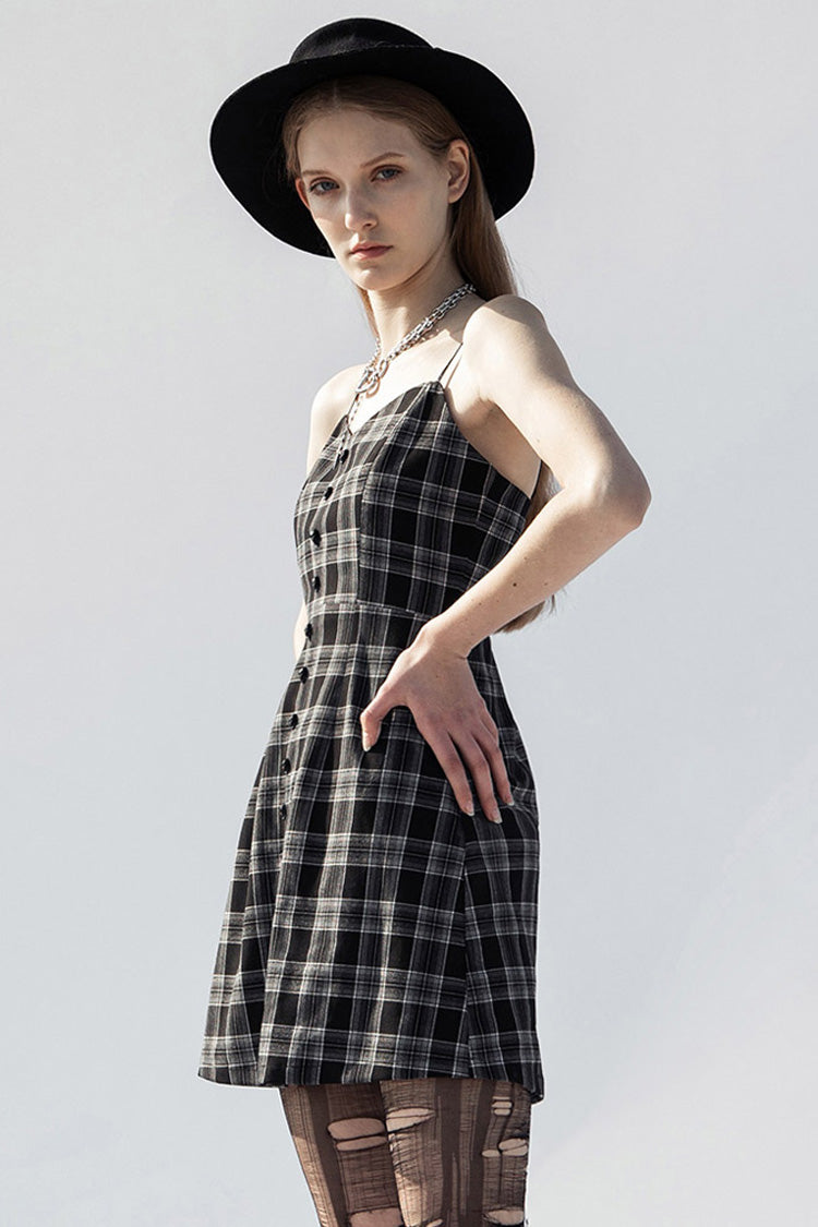 Black/White Plaid Skull Studded Belt Women's Punk Suspender Dress