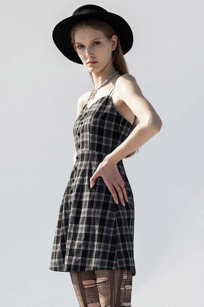 Black/White Plaid Skull Studded Belt Women's Punk Suspender Dress