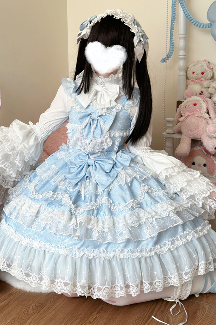 Blue [Love and Heart Flutter] Sleeveless Multi-Layered Ruffle Bowknot Lace Pearl Sweet Lolita Jsk Dress