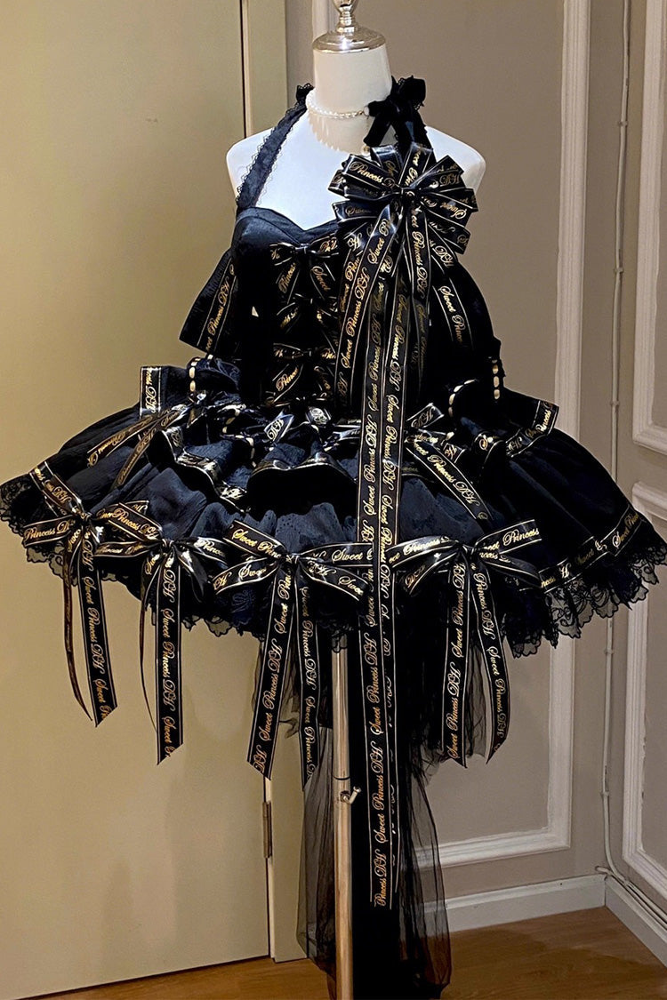 Black [Young Lady] Halterneck Sleeveless Multi-Layered Ruffle Bowknot Elegant Princess Gothic Lolita Dress