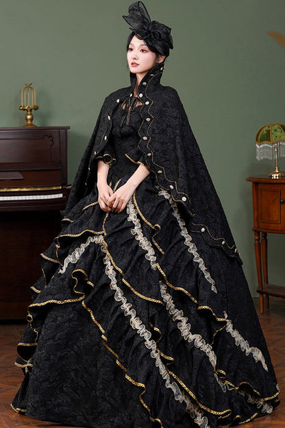 Black Square Collar Half Trumpet Sleeves Ruffled Open-Front Lace Gothic Vintage Palace Lolita Victorian Dress