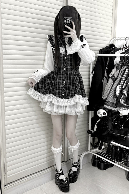 Black [Lunar Eclipse Doll] Long Sleeves Plaid Printed Ruffled Bow Lace Sweet Jirai Kei Japanese Dress Shorts Set
