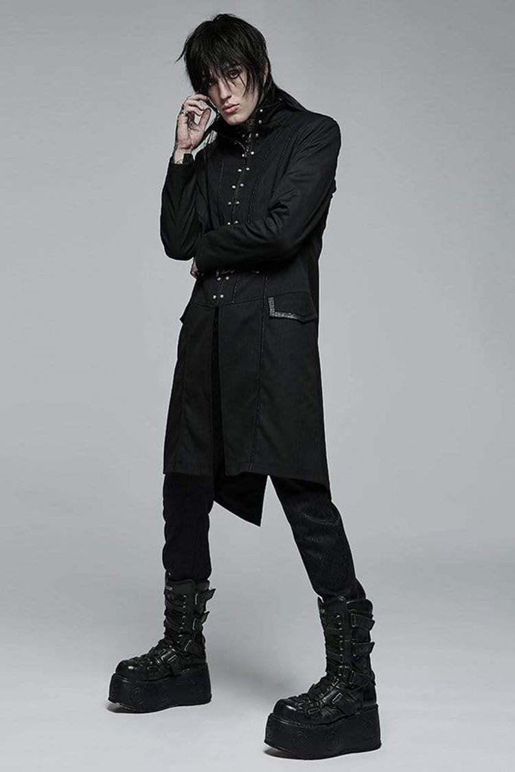 Black Punk Stand Collar Skeleton Embroidery Frenulum Metal Rivet Zippe Slim Fit Mid Length Men's Coat