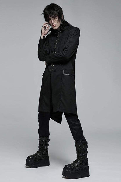 Black Punk Stand Collar Skeleton Embroidery Frenulum Metal Rivet Zippe Slim Fit Mid Length Men's Coat