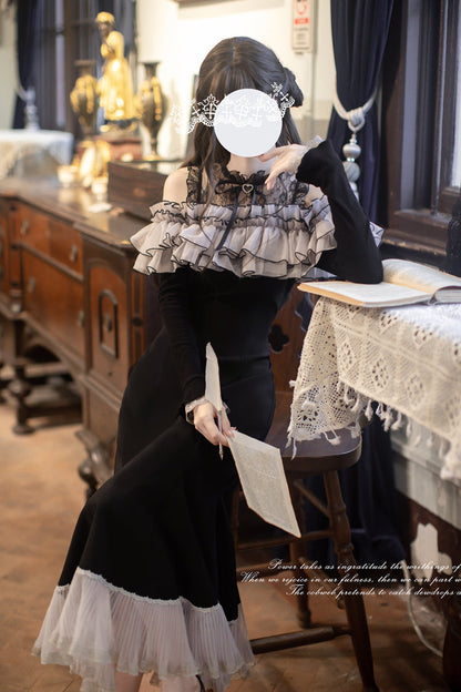 Black [Night Cherry Blossoms] Long Sleeves Ruffle Bowknot Daily Sweet Elegant Lolita Fishtail Dress