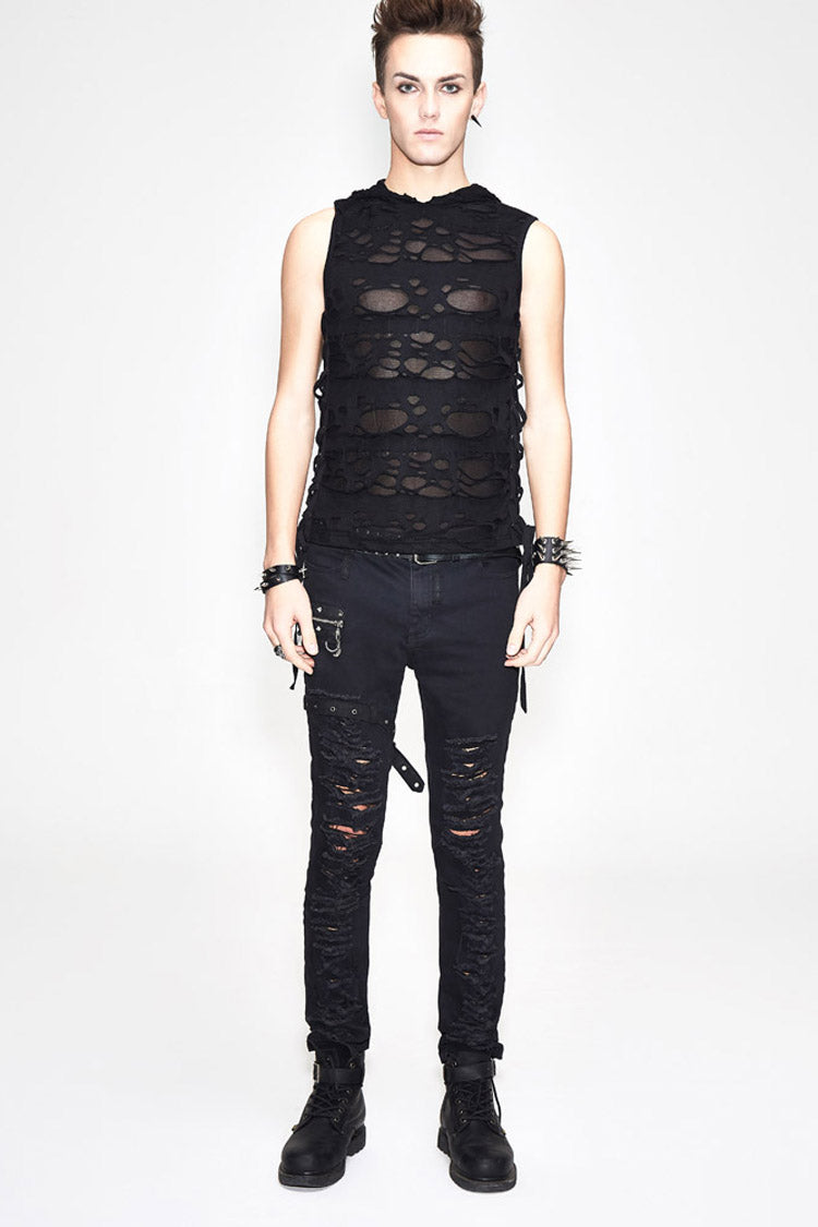 Black Sleeveless Ripped Side Ribbons Lace-Up Hooded Men's Punk T-Shirt