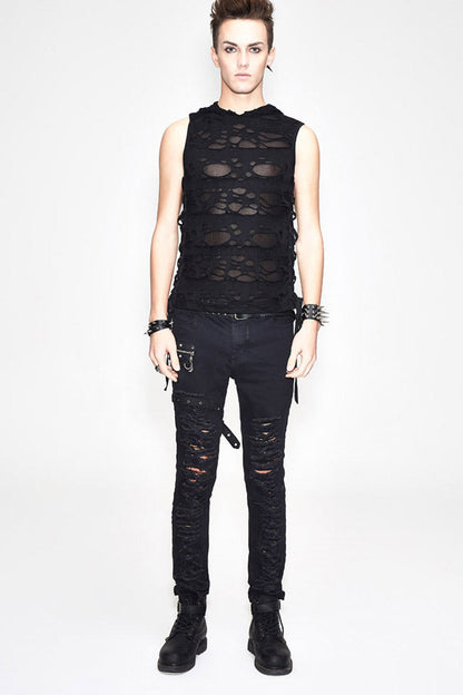 Black Sleeveless Ripped Side Ribbons Lace-Up Hooded Men's Punk T-Shirt