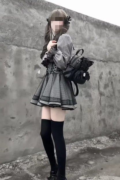 Grey Long Sleeves Houndstooth Printed Ruffled Lace-Up Jirai Kei Japanese Set